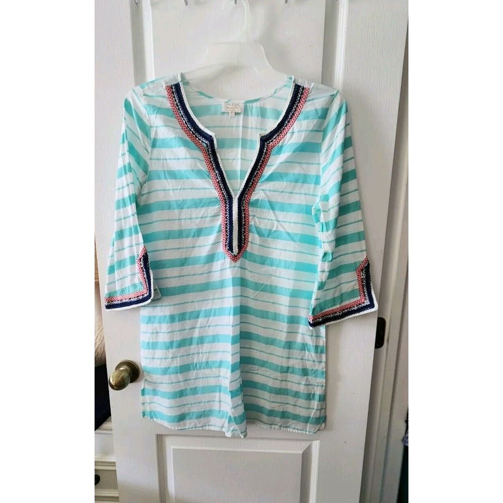 Mud Pie Women's Mint Green & White Striped Tunic with Embroidery & Sequin Size L